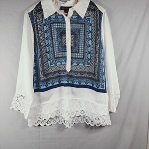 INC International Concepts Blue Medallion Lace Trim Blouse White Size 16